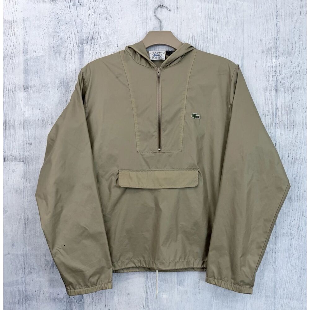 Lacoste IZOD Jacket Men's M Windbreaker 1/2 Zip Raincoat Hooded Beige